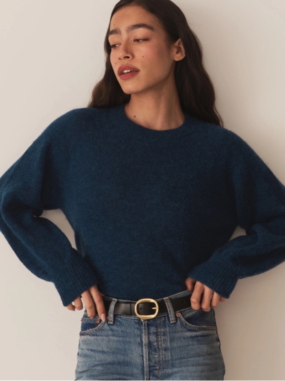 Doen Marsena Wool Alpaca Raglan Crewneck Knit Sweater Top Deep Sapphire Blue
